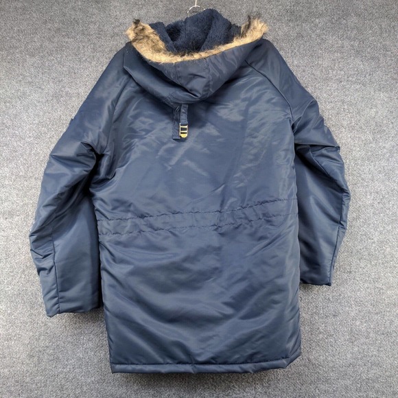Weather Caster Mens Parka Jacket Blue Small Long Sleeve Quilted Lined Vegan Fur - Picture 4 of 12